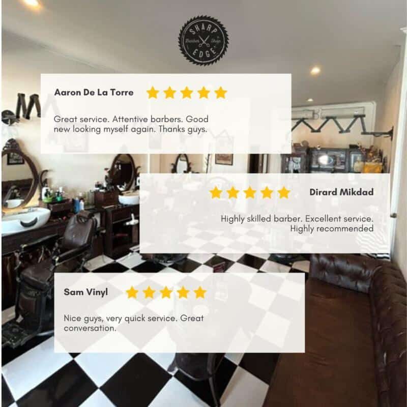 Interior view of Sharp Edge Barber with highlighted customer reviews and ratings.